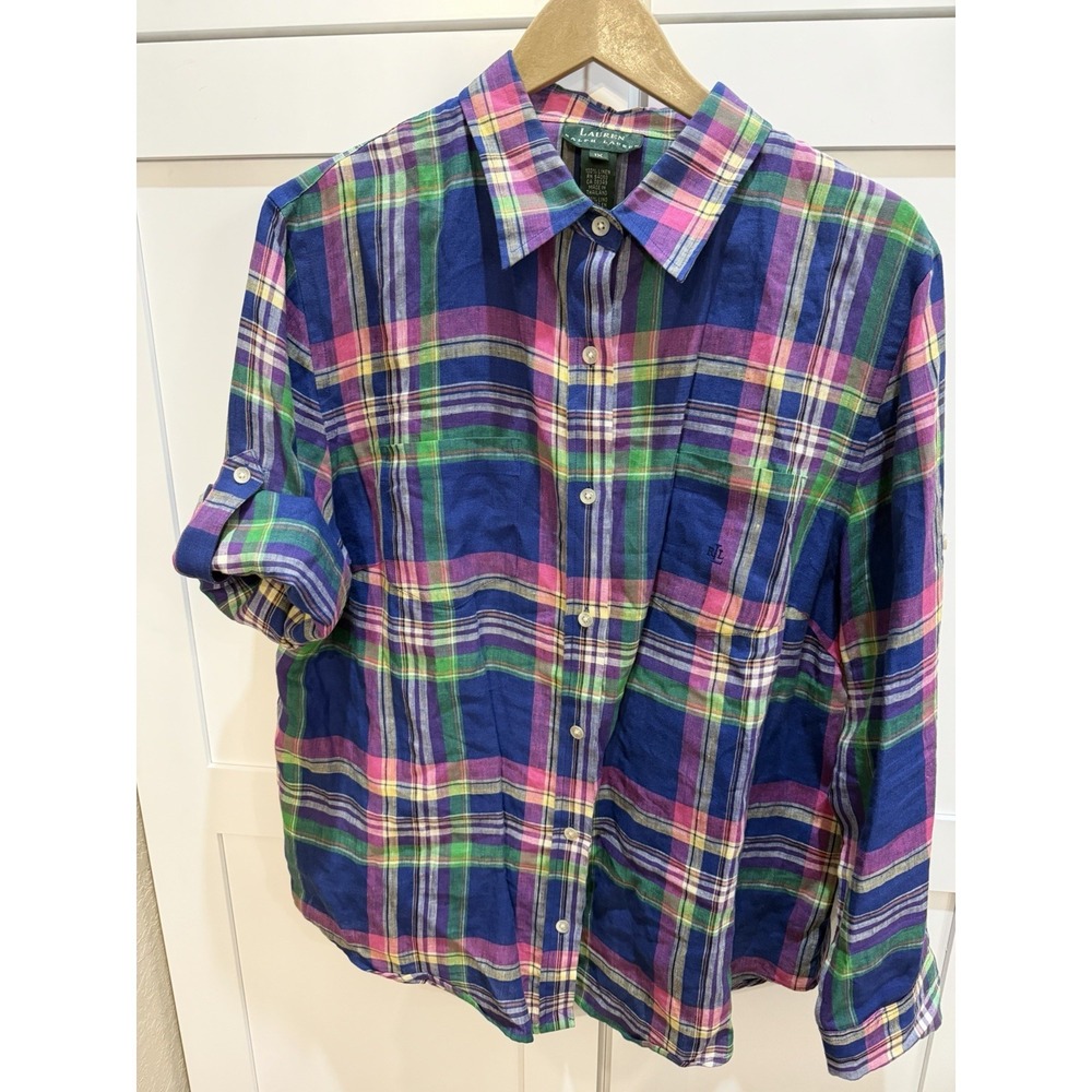 Lauren Ralph Lauren Plaid Blue Pink 100% Linen Embroidered Logo Roll Tab Top 1X